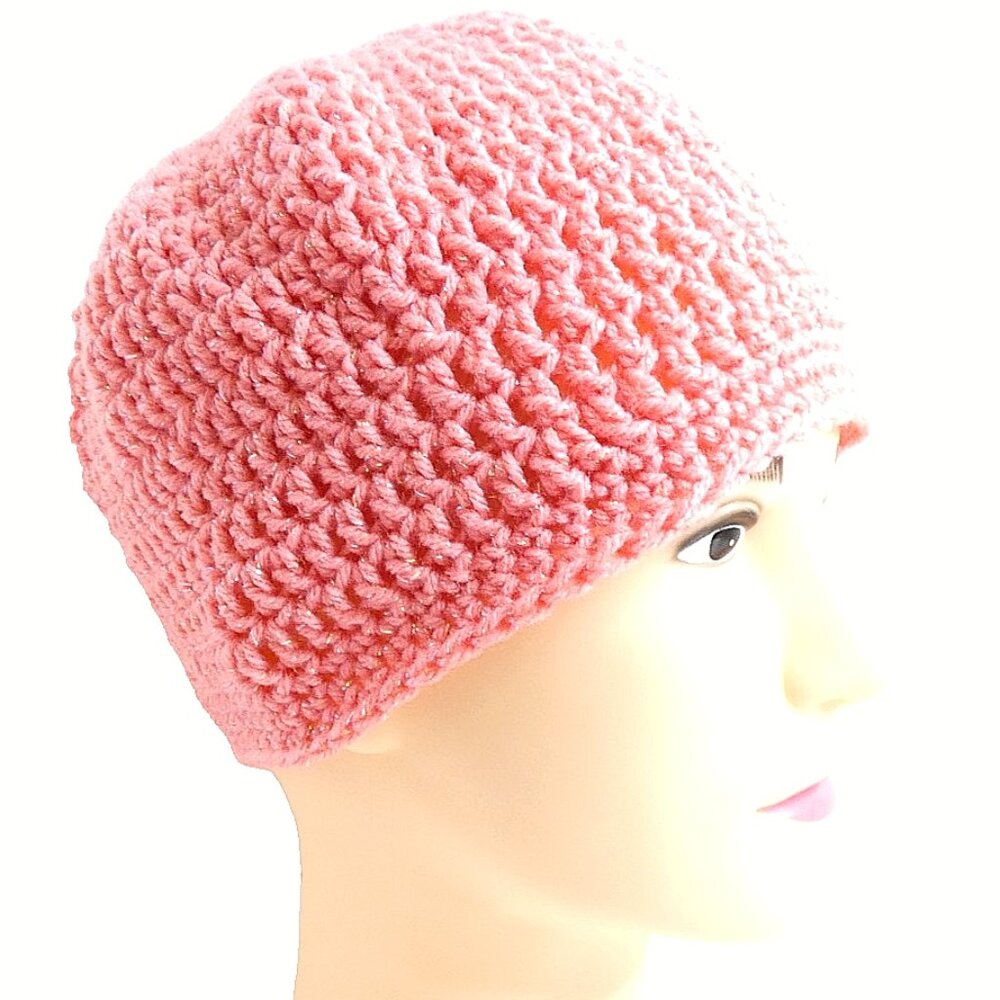 Sparkling Pink Skull Cap OS Handmade Crochet Hand Knit Warm Beanie Hat NWT